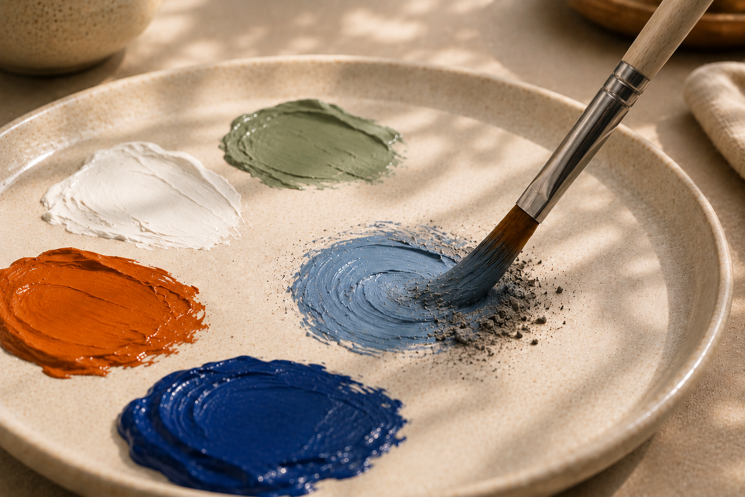 Cremated remains being folded into deep blue oil paint with a brush
