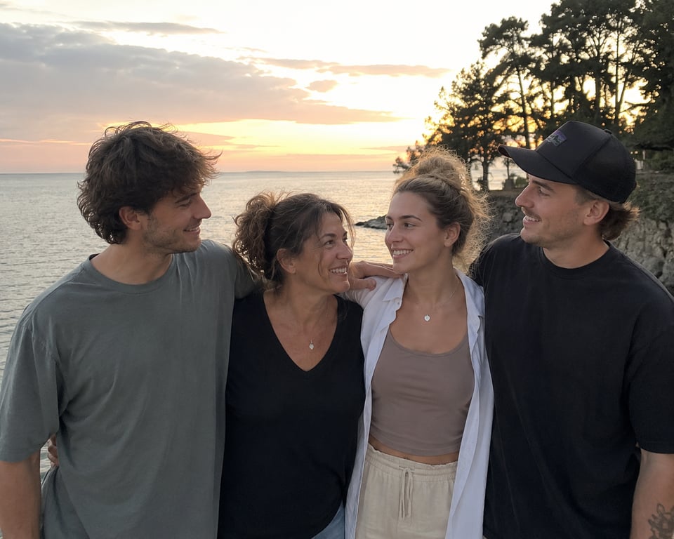 Four family members embracing by the ocean at sunset, remembering him in their own way